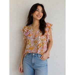 Ryegrass Womens Floral Ruffle Sleeve V-Neck Top Orange Pink Med granola boho Y2K